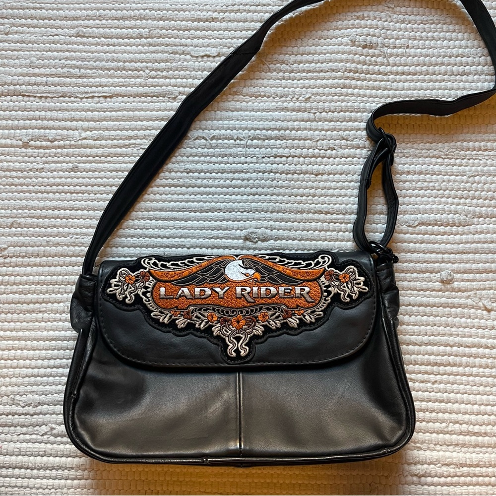 Leather Lady Rider Eagle Embroidered Biker Appeal Black Shoulder Bag Purse